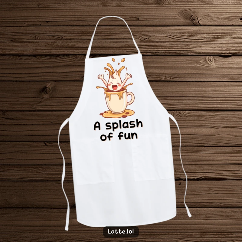 Funny apron with a happy coffee splash character leaping from a mug, ideal for joyful cooking sessions.