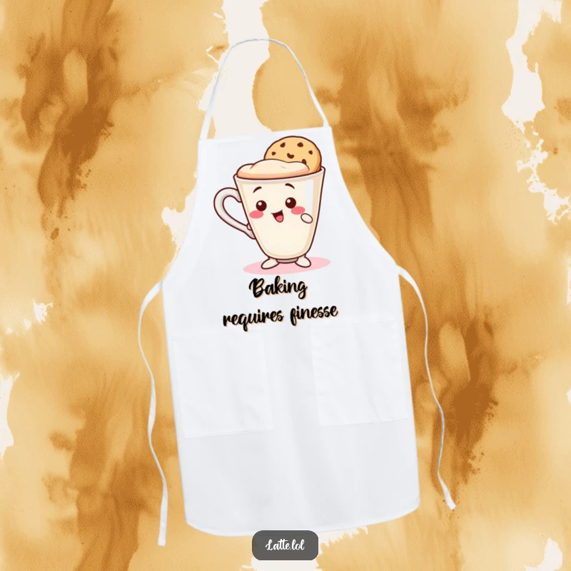 Funny apron featuring a wobbly latte cup character balancing a cookie wafer on its rim. Kitchen ready for fun.