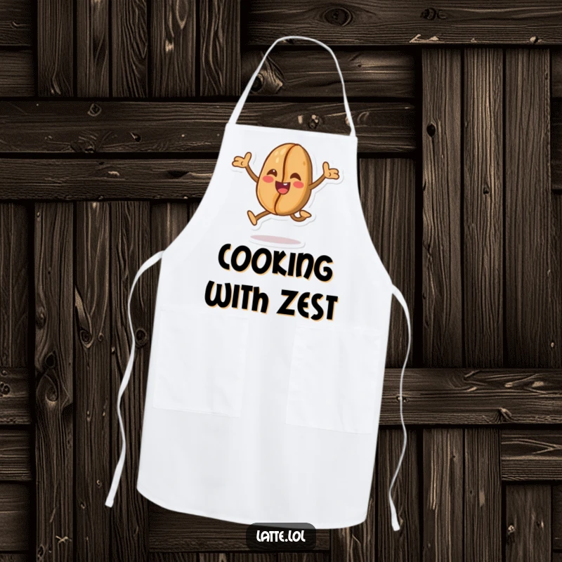 Funny apron showing an energetic coffee bean character in a playful leap, perfect for cooking, brewing, or any fun kitchen activity.