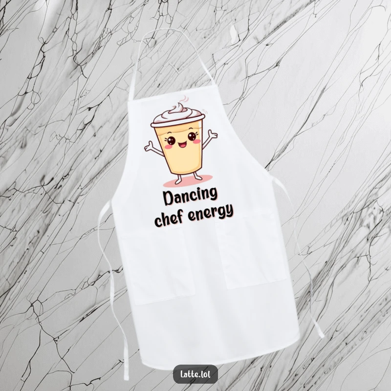 Funny barista apron featuring a latte cup character with tiny arms doing a silly dance.