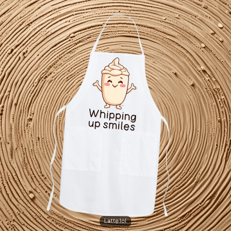 Funny Jovial Latte Foam Apron showing a smiling character with silly foam art. A cheerful kitchen accessory.