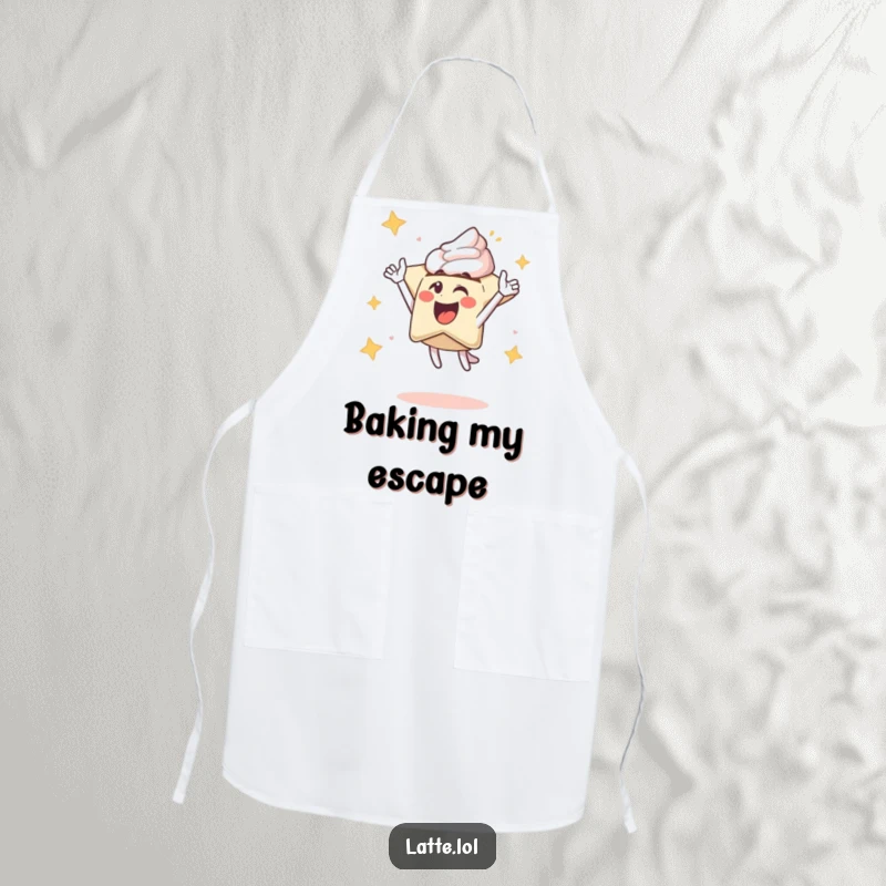 Funny apron featuring an excited latte art star character soaring upwards, ideal for kitchen adventures and coffee enthusiasts.