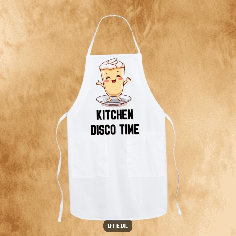 Funny apron design featuring a smiling latte character doing a cheerful dance on a saucer, ready for kitchen duty.
