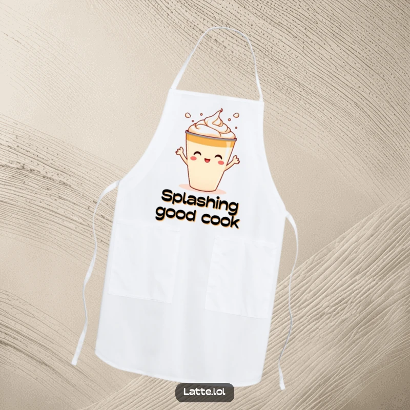 Funny apron design with a latte cup character playfully splashing foam art, ready for kitchen adventures.