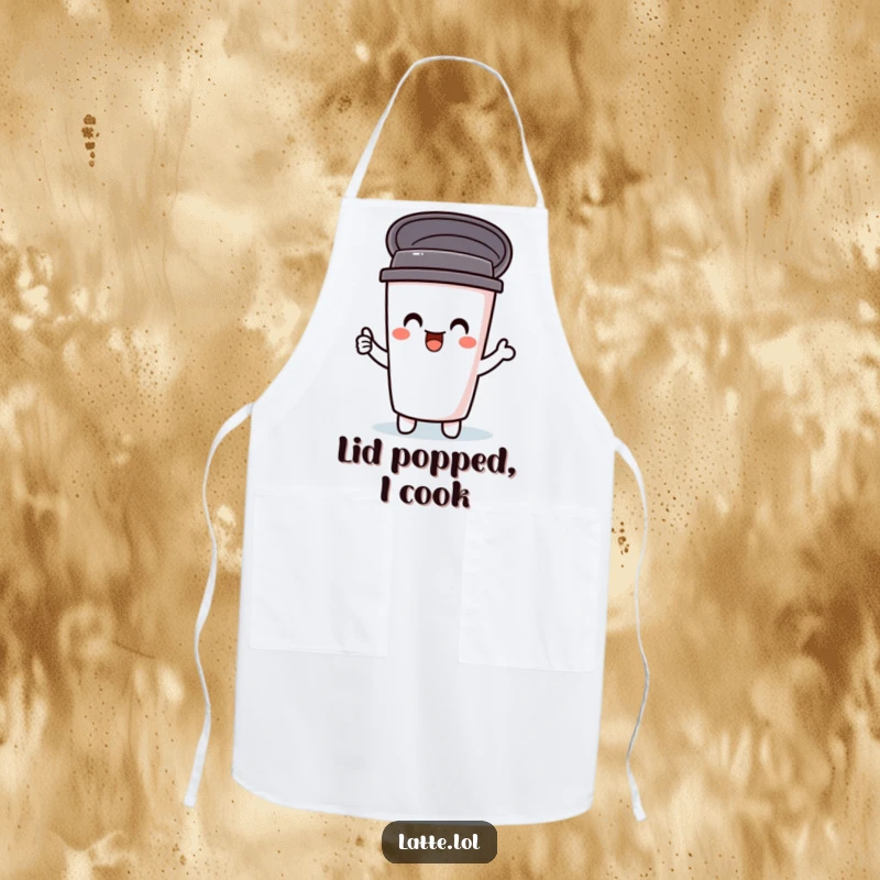 Funny apron showing a delighted travel mug character, lid popping open with cooking joy. Comical kitchen wear for aspiring chefs.