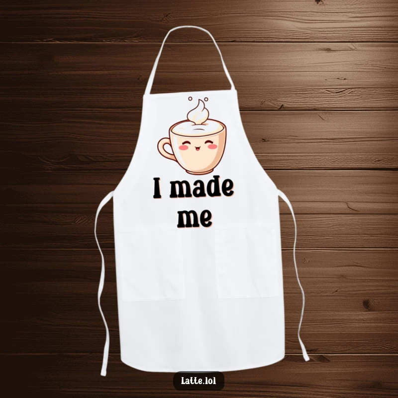 Funny apron with a smiling latte cup character happily sipping its own foam, perfect for playful cooking.