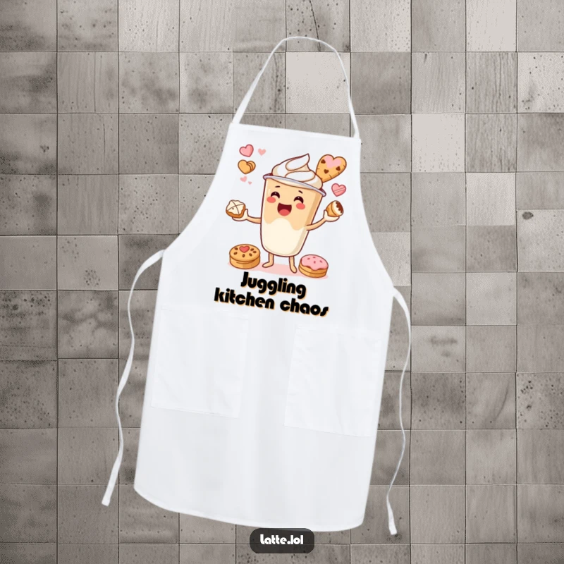 Funny apron showcasing a latte cup character juggling pastries, perfect for baking with a smile.