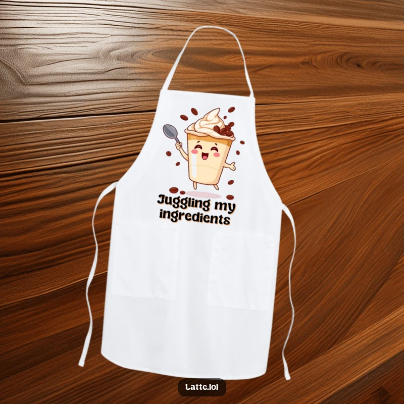 Funny apron featuring a cheerful latte cup character juggling coffee beans with a spoon, perfect for kitchen duty.