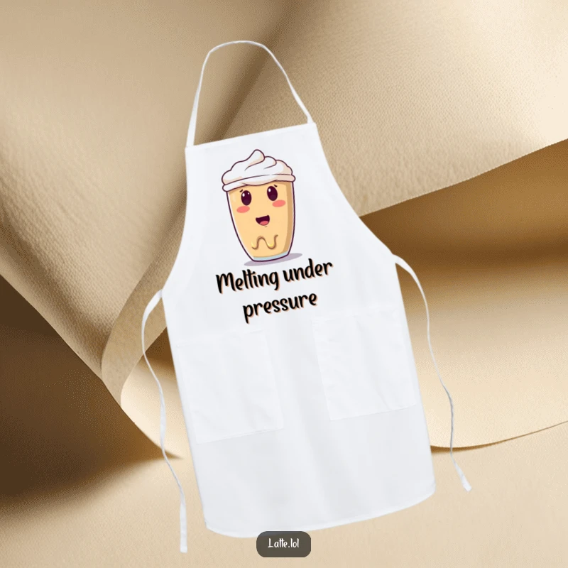 Funny melting latte art apron showing a surprised smiley face art melting, ideal for keeping clean while adding kitchen humor.
