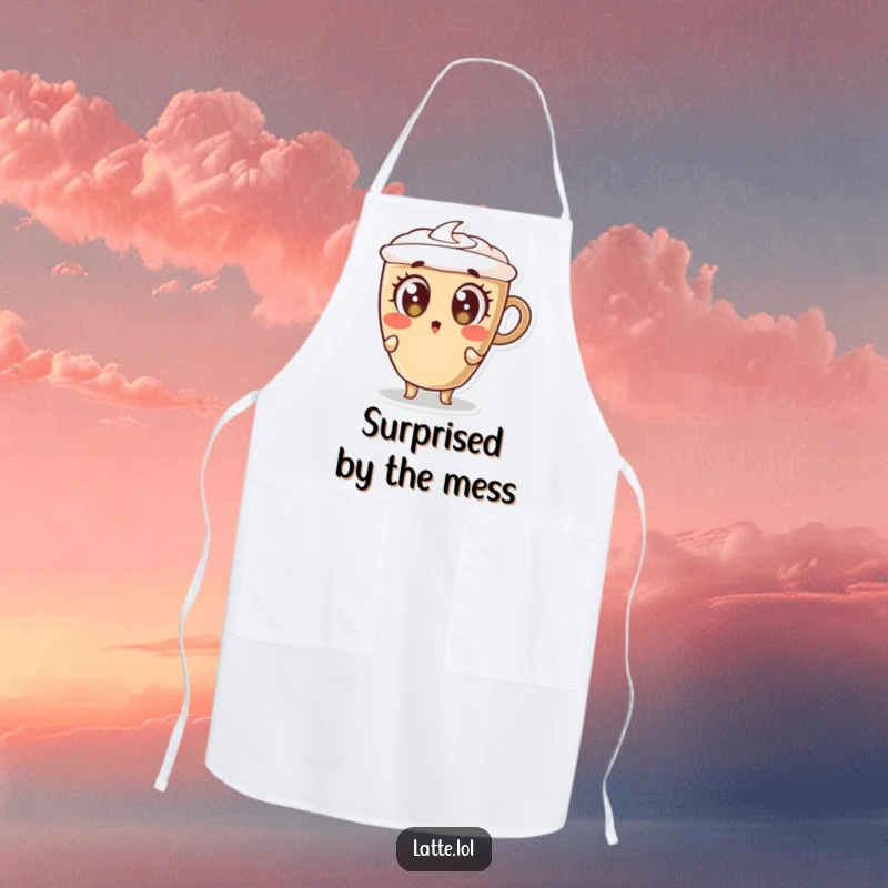 Funny apron featuring a latte cup character leaning backwards with wide-open, surprised eyes, bringing humor to cooking.