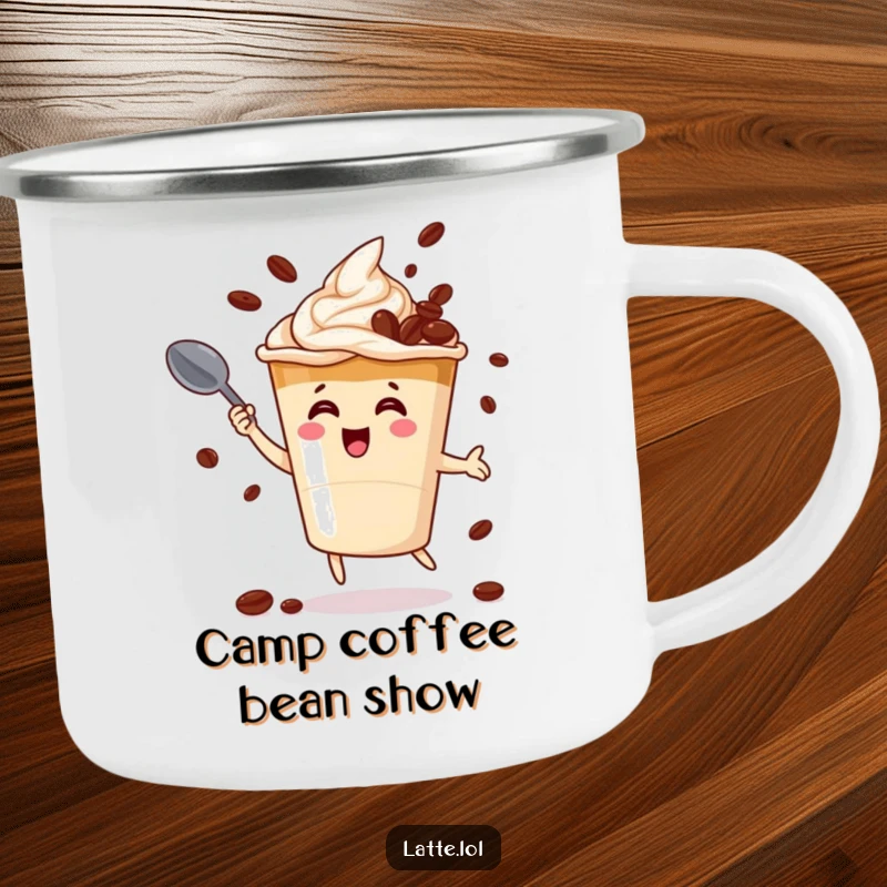 Funny camping mug with a smiling latte cup character juggling coffee beans with a spoon, perfect for outdoor adventures.