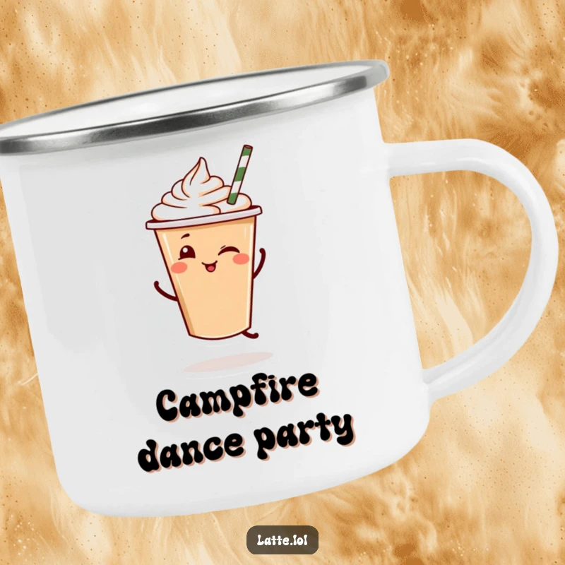 Funny Latte Dance Camping Mug: A latte cup character enjoys a drink outdoors while dancing.