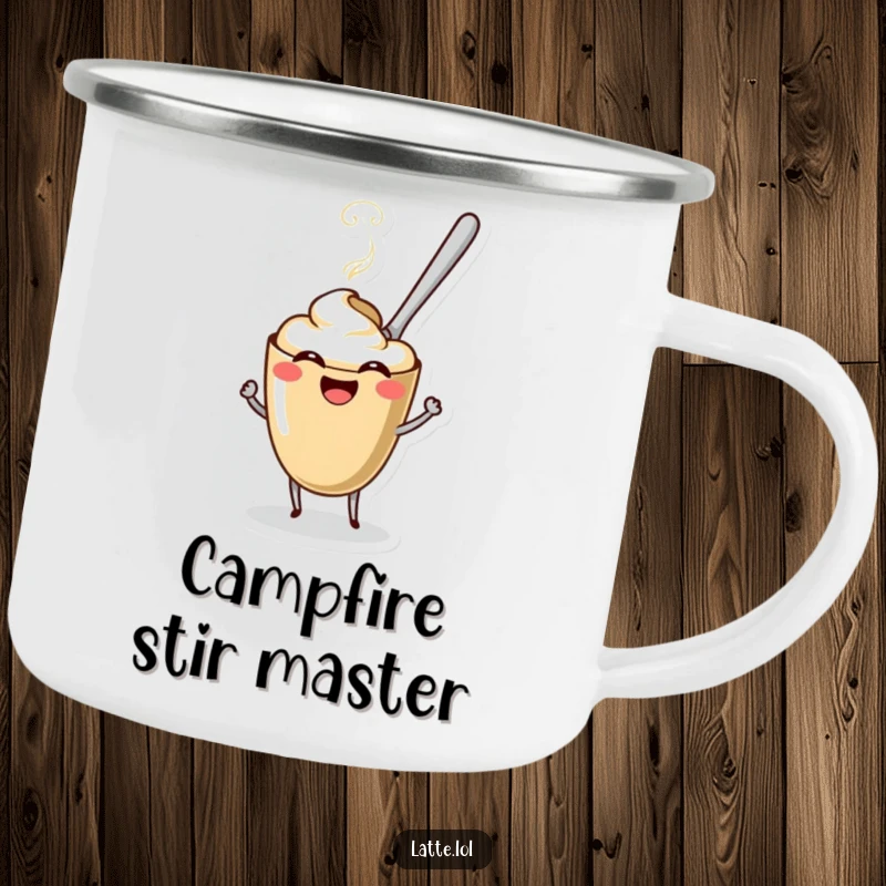 Funny Coffee Spoon Latte Camping Mug showing a spoon character and a laughing latte. Durable and humorous.