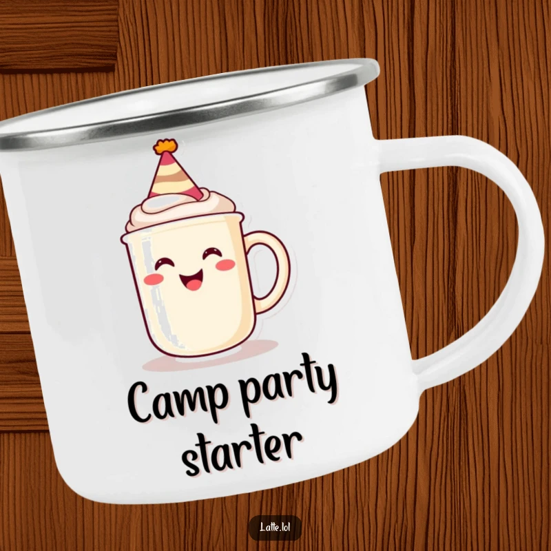 Funny camping mug with a grinning latte mug wearing a party hat, durable and festive for outdoor enjoyment.