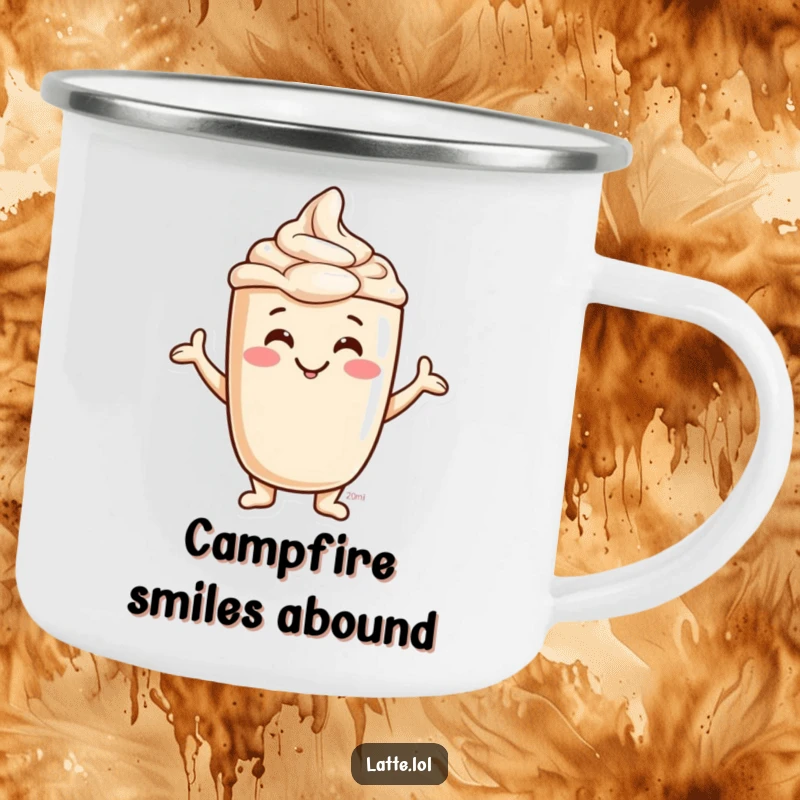 Funny Jovial Latte Foam Camping Mug with a happy character making silly foam art. Durable and cheerful.