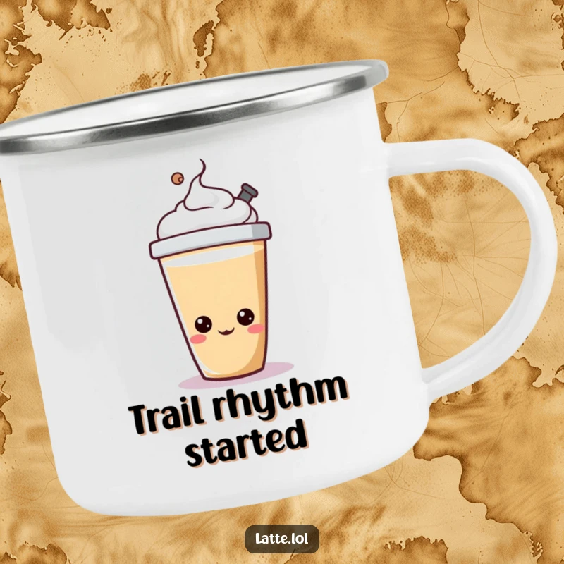 Funny camping latte mug with a cheerful character happily bopping its lid, for outdoor fun.