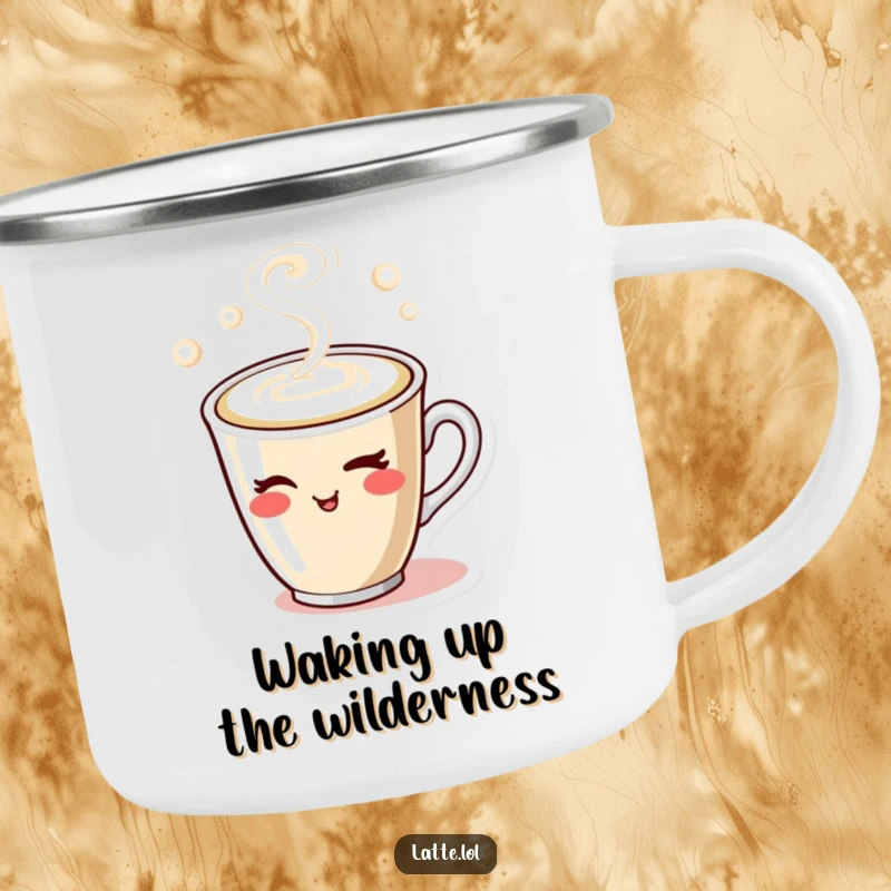 Funny camping mug featuring a winking latte cup with steam, designed for durable outdoor use and a humorous coffee experience.
