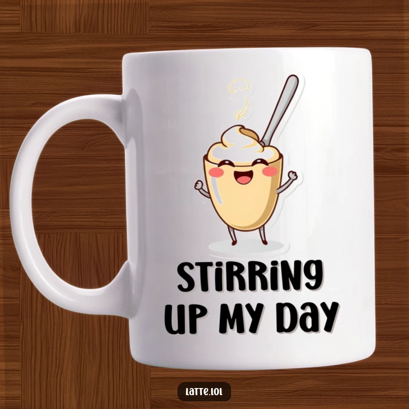Funny Coffee Spoon character playfully stirring a laughing latte in a mug. A humorous coffee moment.