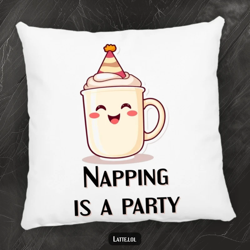 Funny pillow with a grinning latte mug wearing a party hat, offering plush comfort and a festive touch.