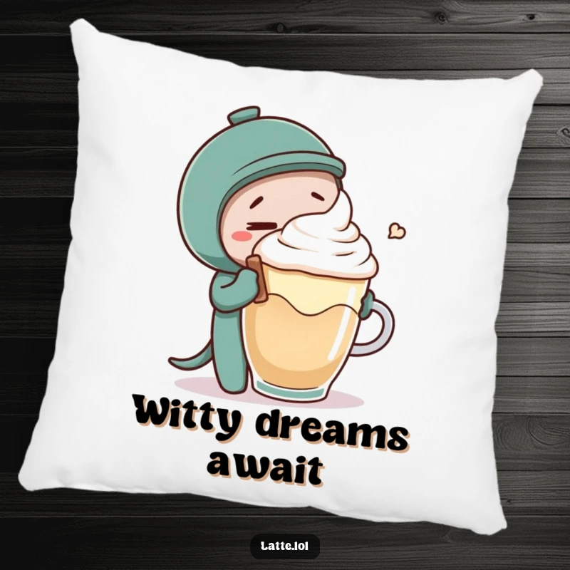 Funny pillow with a coffee stirrer tickling latte foam, offering a plush and humorous addition to any seating area.