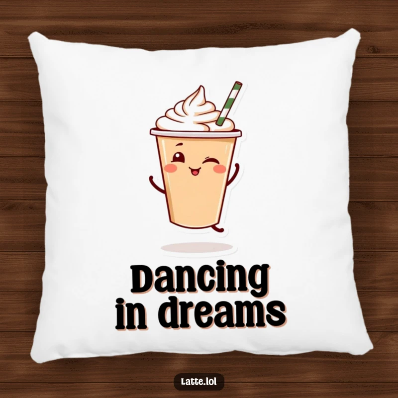 Funny Latte Dance Pillow: A plush pillow featuring a dancing latte cup with a straw, a gift.