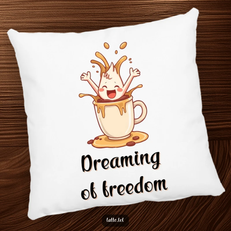 Funny pillow featuring a happy coffee splash character leaping joyfully, offering plush comfort and a splash of humor.