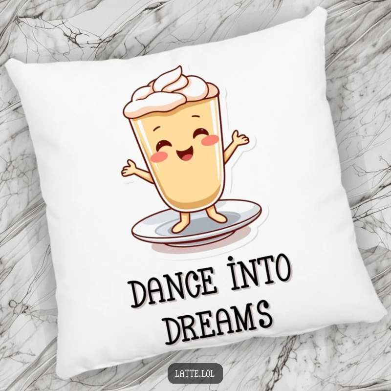 Funny decorative pillow showcasing a smiling latte character in a lively dance on a saucer, adding comfort and humor.