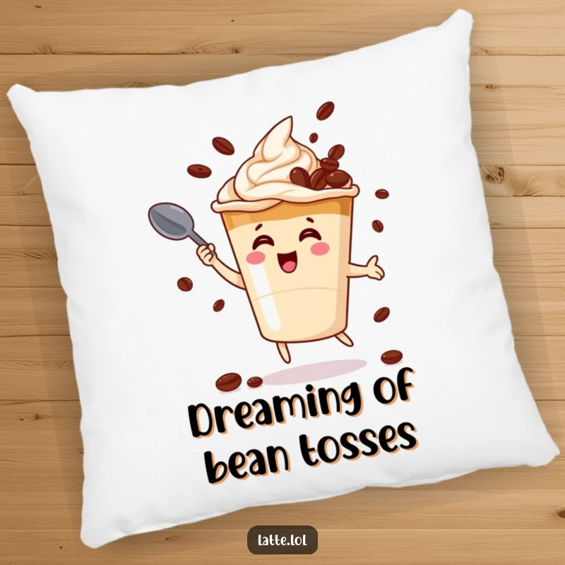 Funny pillow with a smiling latte cup character expertly juggling coffee beans with a spoon, adding comfort and humor.