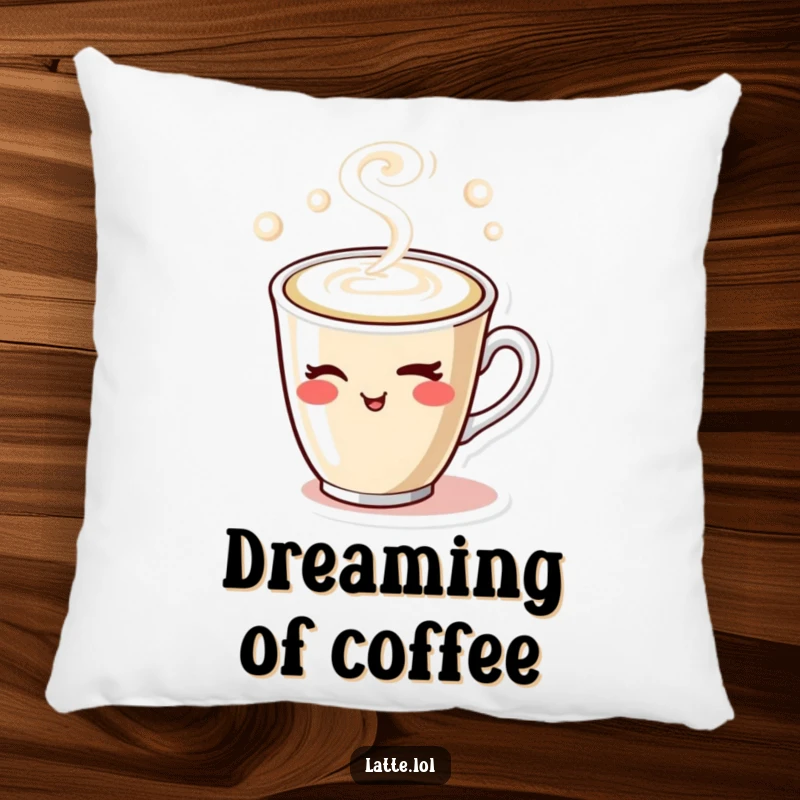 Funny pillow featuring a cute winking latte cup with steam, providing comfort and a humorous decorative touch for any sofa or bed.