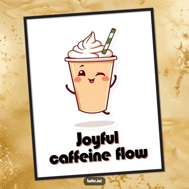 Funny Latte Dance Digital Art Print: A winking latte cup dances energetically, downloadable art.