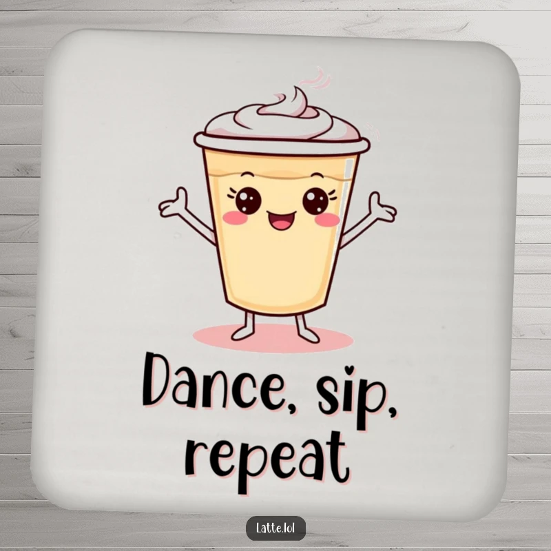 Funny latte cup coaster with tiny arms doing a silly dance, protecting surfaces with style.