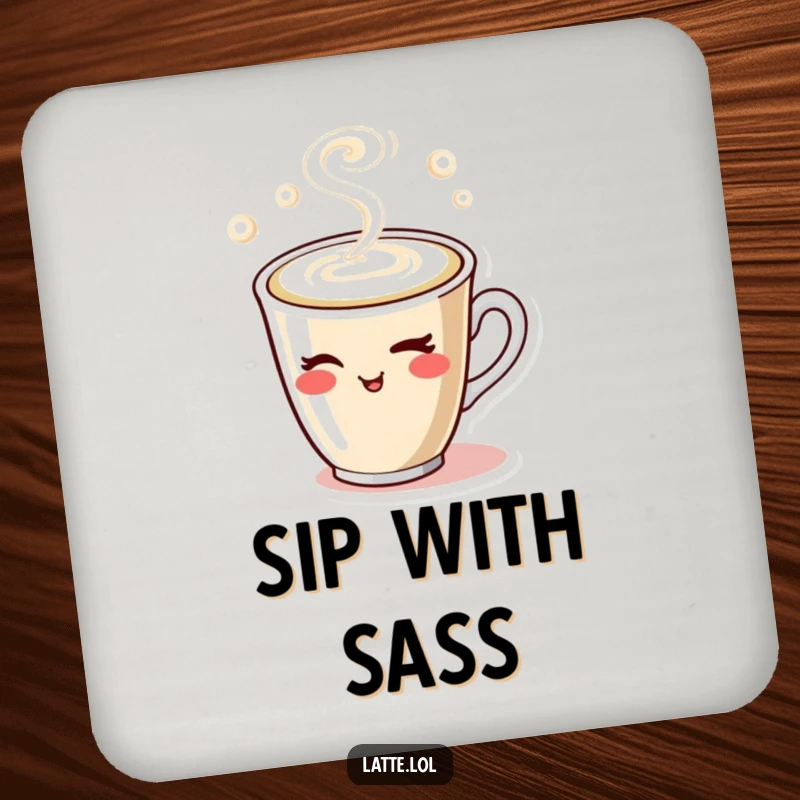 Funny drink coaster showcasing a winking latte cup character with steam, protecting furniture with a humorous and artistic flair.