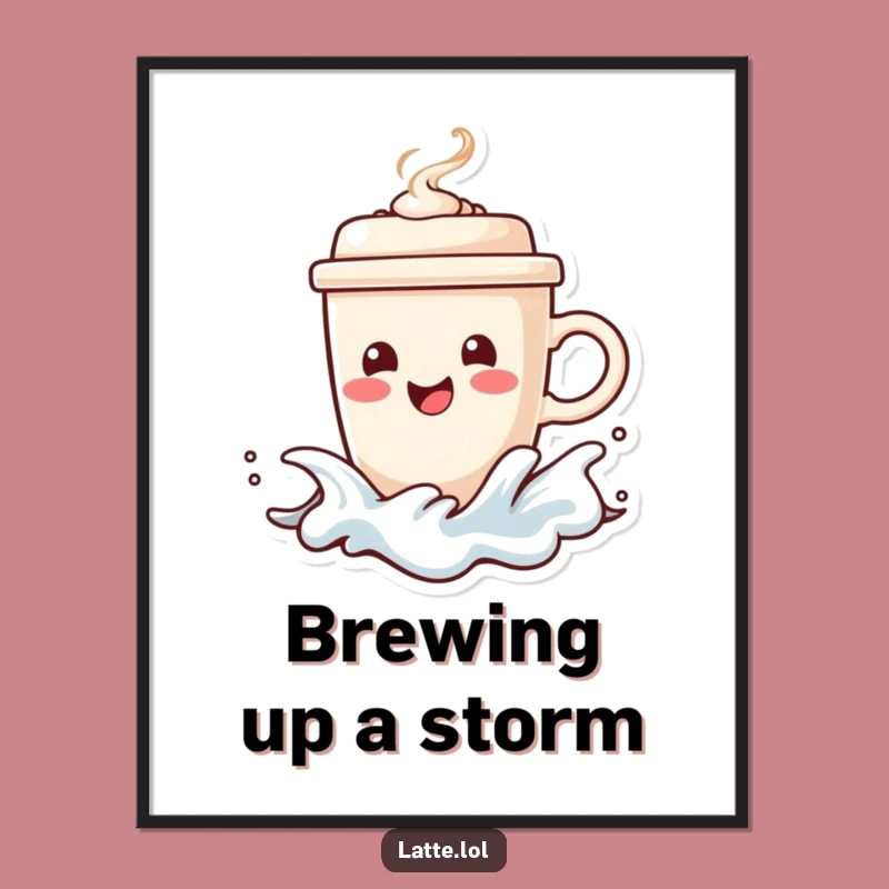 Surfing Coffee Funny Poster: Happy Cup, Steaming Lid, Ocean Art Gift