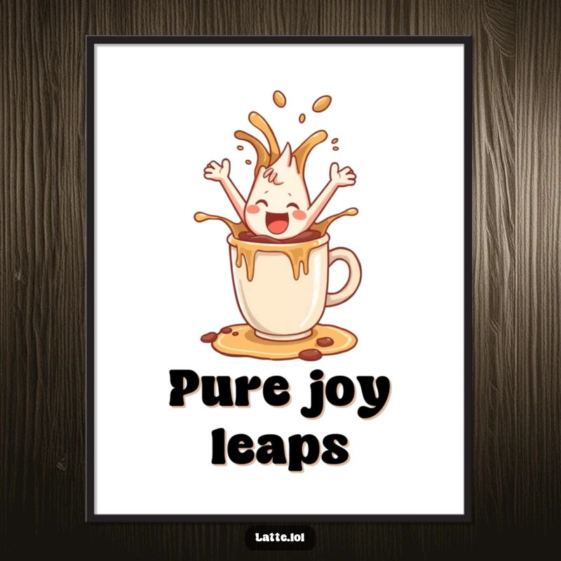 Funny poster print of a happy coffee splash character leaping from a mug, radiating pure, uncontainable joy.