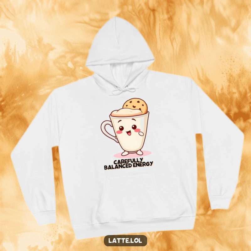 Funny hoodie featuring a wobbly latte cup character balancing a cookie wafer on its rim. Comfortable and amusing wear.