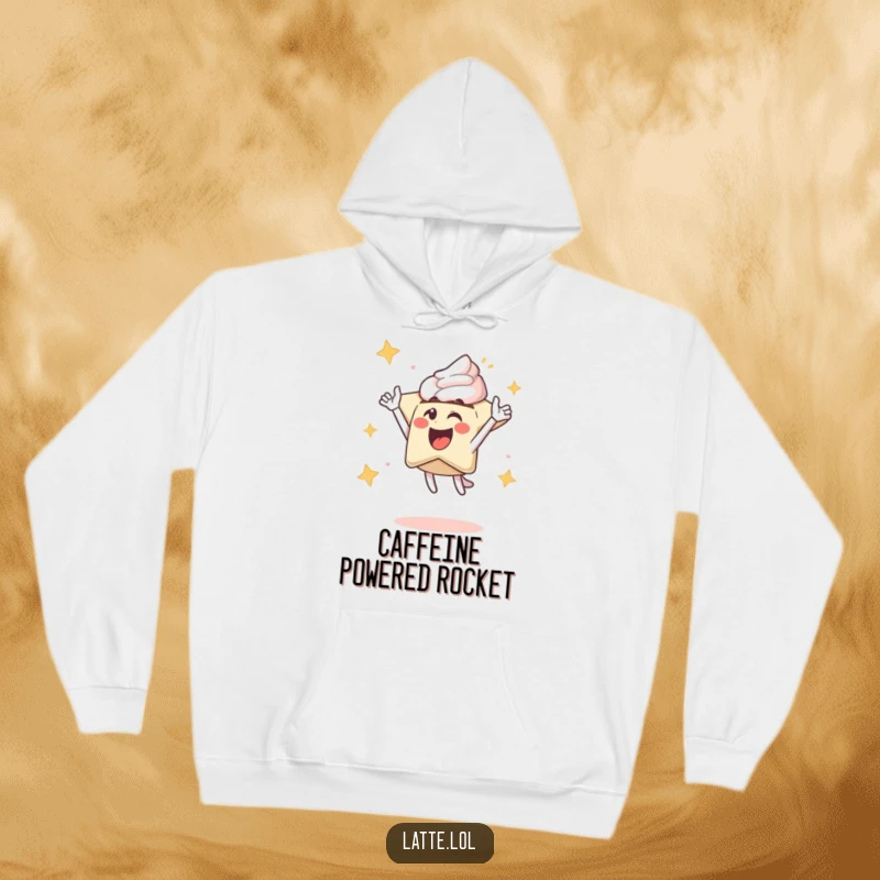 Funny hoodie featuring an excited latte art star character shooting upwards, offering a warm and humorous statement piece.