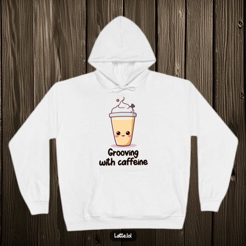 Funny latte cup hoodie with a cheerful character happily bopping its lid, offering warmth and joy.