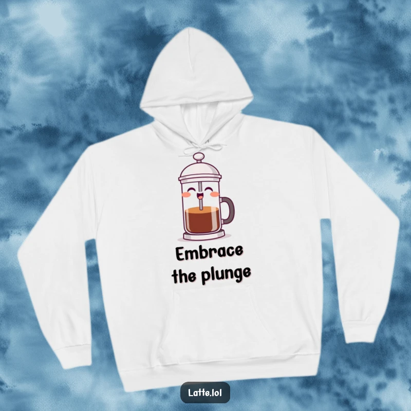 Funny French press hoodie with a joyful, laughing character pressing its plunger, radiating warmth and coffee-fueled cheer.