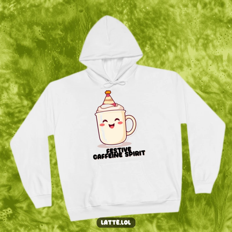 Funny hoodie featuring a grinning latte mug with a party hat, offering cozy comfort and festive humor.