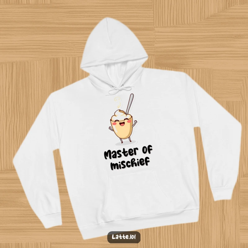 Funny Coffee Spoon Latte Hoodie depicting a spoon character interacting with a laughing latte. Cozy and humorous apparel.