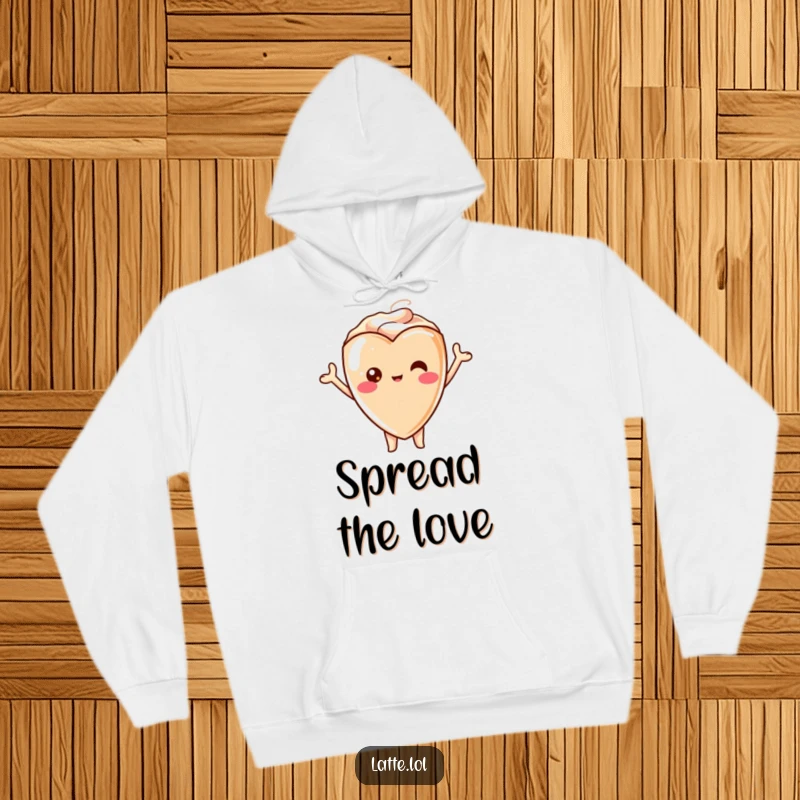 Funny hoodie graphic of a kawaii latte heart character, arms raised in a triumphant cheer, radiating positive energy.