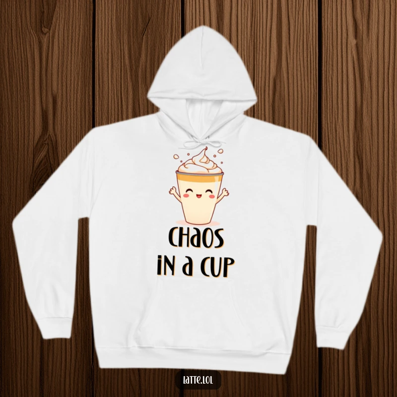 Funny hoodie design of a latte cup character playfully splashing foam art, radiating fun and warmth.