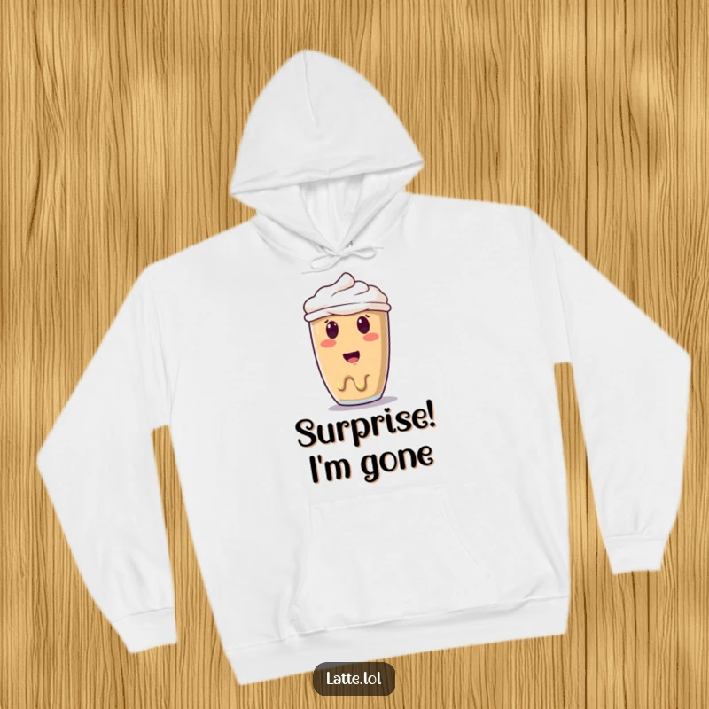 Funny melting latte art hoodie showing a surprised smiley face art in the process of melting, offering comfort and humor.