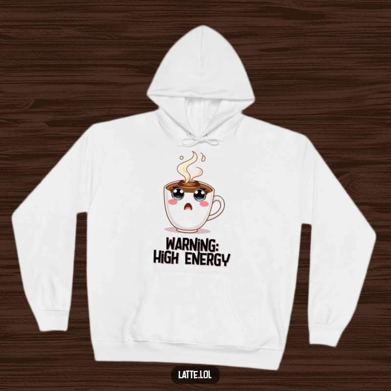 Funny Coffee Cup Hoodie featuring a wide-eyed character amidst bursting steam, showing surprise. A warm and humorous gift for cold days.