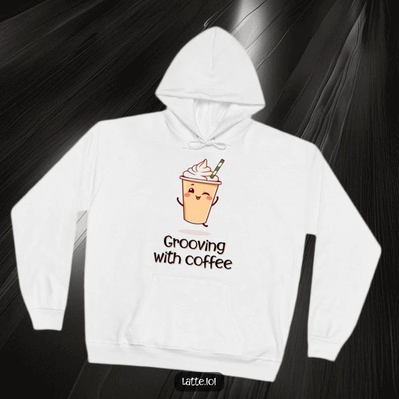 Funny Latte Dance Hoodie: A cute latte cup in a hoodie dances happily, a funny gift.