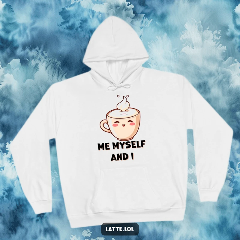 Funny hoodie showcasing a happy latte cup character contentedly sipping its own frothy foam, ideal for cozy humor.