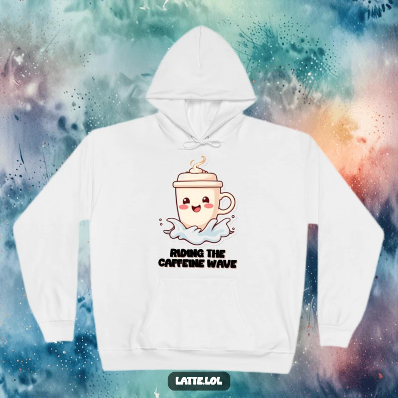 Funny hoodie showcasing a happy coffee cup character surfing a frothy wave, steaming lid hinting at hot coffee. Warm and stylish.