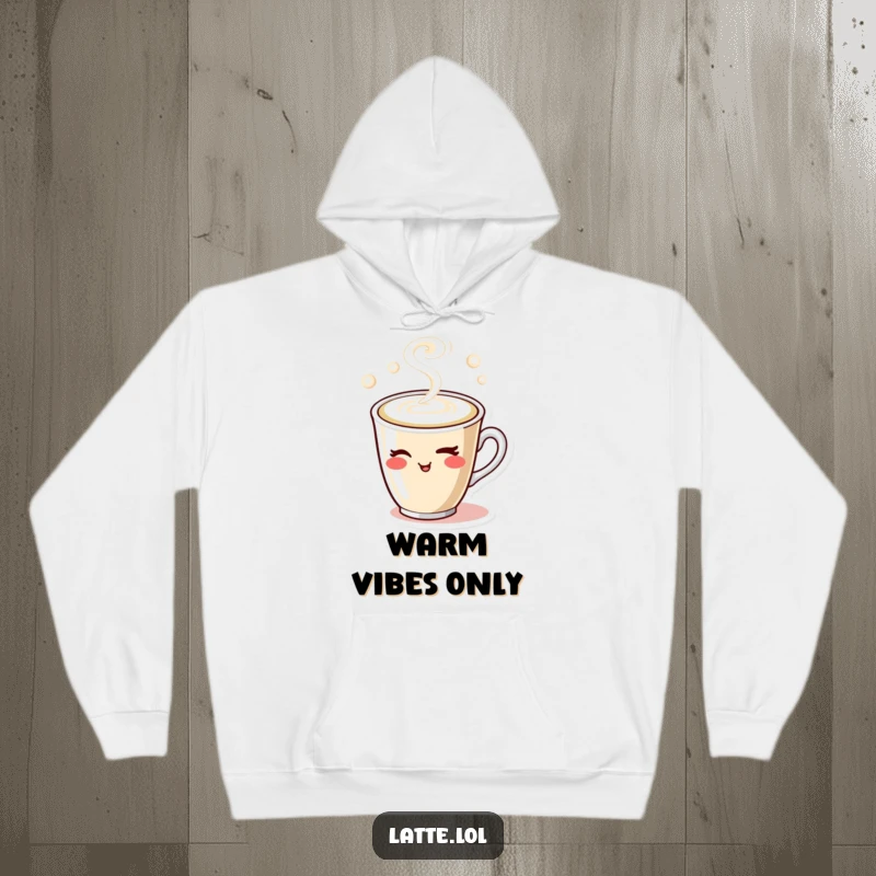 Funny hoodie featuring a winking latte cup character with steam, offering comfort and humor for coffee lovers on chilly days.