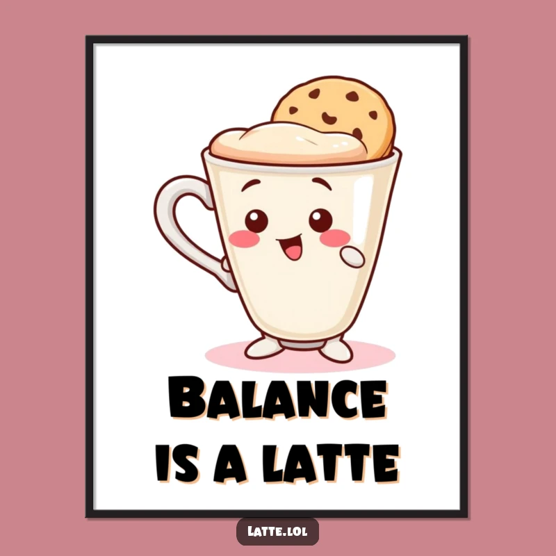 Free Printable Wall Art: Wobbly Latte Balancing Cookie, Quirky Cafe Decor