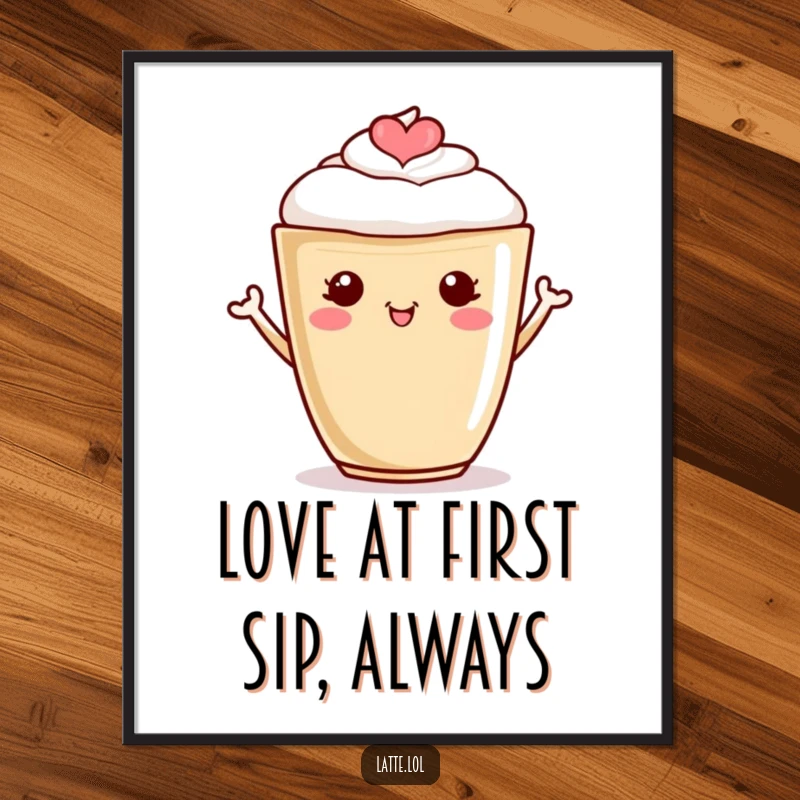 Funny free printable wall art of a latte cup character with a heart design on its foam cheering joyfully.
